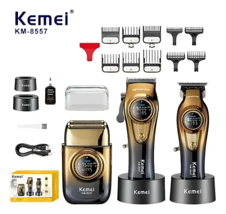 مجموعة ماكينات الشعر واللحيه الاحترافية اللاسلكية (3 في 1) مع قاعدة شحن Kemei KM-8557