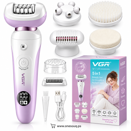 جهاز إزالة شعر VGR V-750 النسائي 5 في 1 – مقاوم للماء، رؤوس متعددة للوجه والجسم، سهل الاستخدام والتنظيف، شحن USB