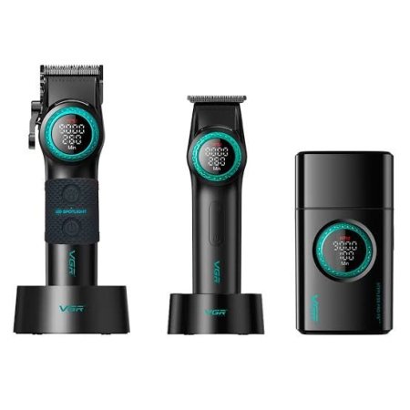 مجموعة ثلاث ماكينات حلاقة احترافية لصالونات الحلاقة (v-001 للتدريج) (v-378 للتنعيم والتفنيش) (v-977 تحديد وتصفير) سرعات عالية VGR