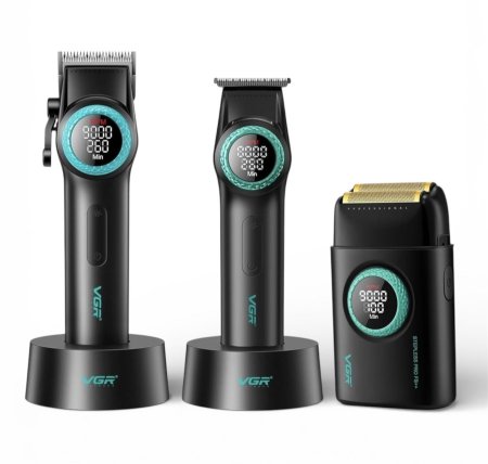 مجموعة ثلاث ماكينات حلاقة احترافية لصالونات الحلاقة (v-001 للتدريج) (v-378 للتنعيم والتفنيش) (v-977 تحديد وتصفير) سرعات عالية VGR